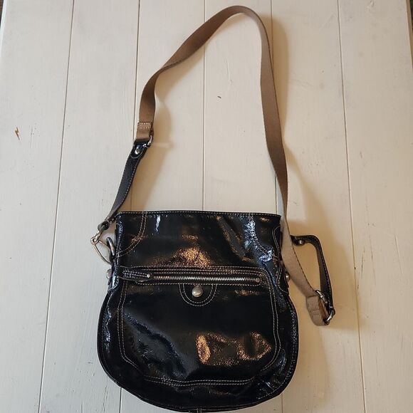 B. Makowsky Black Leather Bag with Leopard Lining - Picture 1 of 3